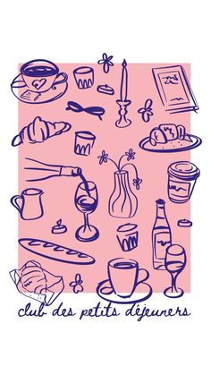 a pink background with different types of food and drinks on it, including breads, wine