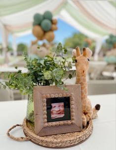 a giraffe sitting on top of a table next to a potted plant