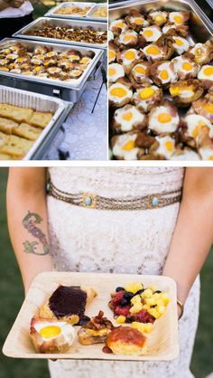 a woman holding a tray full of food next to other foods and desserts on display