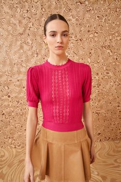 Made from the most delicate silk and cotton, our Gemma Top is an antique-inspired lovely arriving in our new geometric pointelle knit. Splashed a vivid orchid pink, it has gently puffed sleeves, a cropped fit, and is slightly stretchy. It styles perfectly with our beloved denim, skirts, and tailored separates. Composition: 60% Silk, 40% Cotton Pair with our Vera Skirt to complete the look. Chic Pink Knit Top, Pink Fitted Cropped Knit Top, Pink Pointelle Knit Top, Fitted Pink Cropped Knit Top, Elegant Short Sleeve Pointelle Knit Top, Pink Fitted Short Sleeve Knit Top, Pink Fitted Fine Knit Top, Chic Pink Pointelle Knit Top, Spring Pink Cropped Knit Top