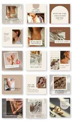 a series of business cards with different images and text on the front, in shades of brown