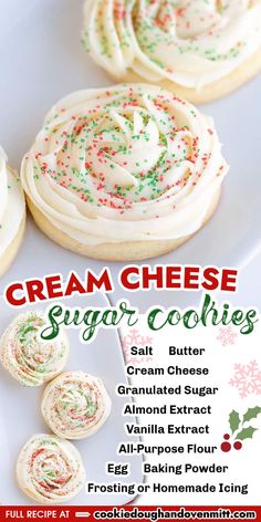 an advertisement for cream cheese sugar cookies with frosting and sprinkles on it