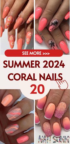 Solid Acrylic Nails Colors Summer, Coral Ombre Nails Summer, Tropical Summer Nails, Coral Nail Designs, Coral Acrylic Nails, Coral Ombre Nails, Uñas Color Coral, Coral Gel Nails, Vibrant Summer Nails