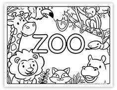 zoo animals coloring page with the word zoo written in black and white on an animal themed background