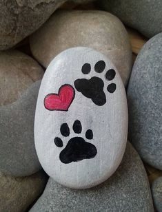 a painted rock with paw prints and a red heart on it, surrounded by gray rocks