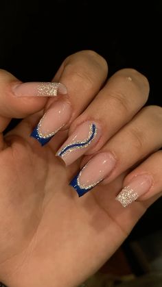 Nail Coffin Design Ideas, Blue And Gold Design Nails, Royal Blue Acrylic Nails With Diamonds, Pretty Navy Blue Nails, Royal Blue Nails Acrylic Coffin, Homecoming Nails For Blue Dress, Dark Blue Nails Ideas Short, Royal Blue Nails And Gold, Royal Blue And Gold Acrylic Nails Short