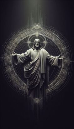 the jesus statue is surrounded by lines and circles