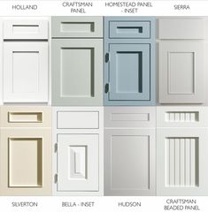 the different types of kitchen cabinets are shown in this image, including doors and drawers