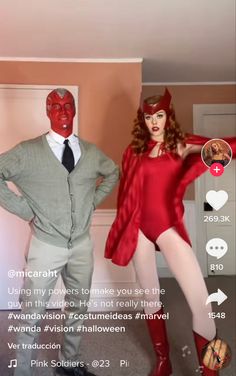 a man and woman dressed up as devilgirls posing for the camera with text below