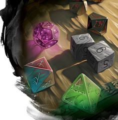 some dices are laying on the ground and one is pink, purple, green and blue