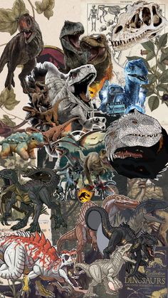 a collage of dinosaurs and other animals