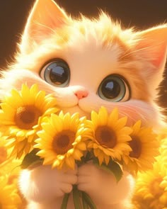 a white kitten holding sunflowers in it's paws