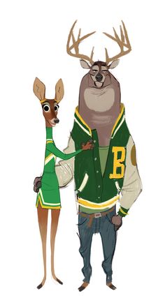 an image of two deer dressed up in clothes and one is holding the other's hand