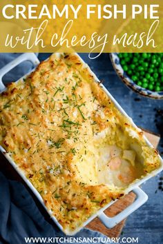 easy fish pie with cheesy mashed potatoes in a casserole dish