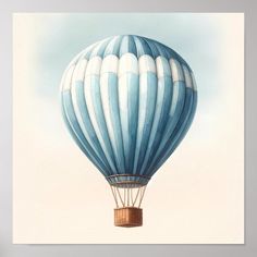 a painting of a blue and white hot air balloon