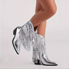 Womens Fringe Metallic Cowboy Boots Pointed Toe Chunky Heel Tassel Mid Calf Boots Boutique Brand !!*Please Note*!! *This Is A Pre-Order Item And Requires A Longer Than Usual Shipping Time. Please Allow 7-14 Business Days Before Shipping.* Please Consider This Time Frame Before Placing Your Order. Thank You For Your Patience And Understanding, As This Helps Us Manage Our Inventory Levels And Creates Less Waste. Once Your Ordered Is Placed We Will Notify You Of An Expected Shipping Date And We Wil Fringe Cowgirl Boots, Metallic Cowboy Boots, Fringed Boots, Taylor Concert, Silver Ankle Boots, Fringe Cowboy Boots, Concert Fit, Swift Concert, Super High Heels