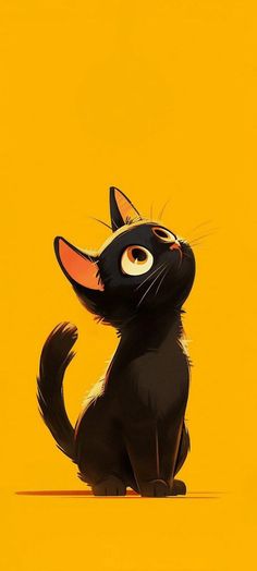 a black cat sitting on top of a yellow floor next to an orange wall and looking up