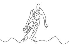 a single continuous line drawing of a man playing with a soccer ball in the water