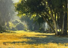 an oil painting of trees and grass on a sunny day