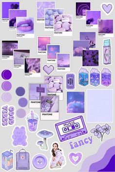 an assortment of purple and white items are shown