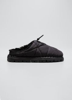 Prada Rush Quilted Nylon Slipper Mules - Bergdorf Goodman Luxury Black Slippers, Pradra Shoes, Mumka Shoes, Goodman Shoes, Moc Slippers, Slider Sandals, Walk In My Shoes, Swag Shoes, Footwear Design Women