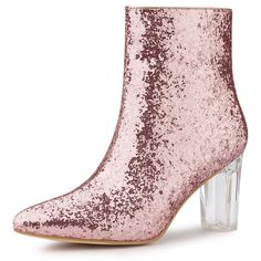 Can't help falling in love with these sparkly booties. The Glitter Ankle Boots have high block heels, a pointed toe, a low shaft that zips up the inside, and a safe cover on the mouth of shoes to prevent rubbing from the glitter. The glitter design will make you stand out in the crowd. It is a great choice for dating and hanging out with friends. It will win your heart via your feet. Glitter Ankle Boots, Sparkly Boots, Clear Block Heels, Chunky Heel Ankle Boots, Brown Leather Heels, Party Heels, Buckle Ankle Boots, Womens Chunky Heels, Shoes Boots Ankle