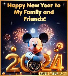 a happy new year card with mickey mouse holding a clock and fireworks in the background