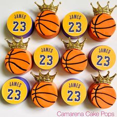 basketball cake pops with crowns on them