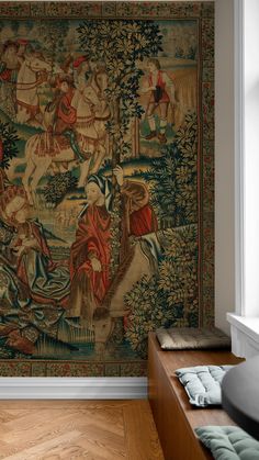 an old tapestry hanging on the wall next to a window