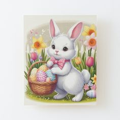 a painting of a white bunny holding an easter basket