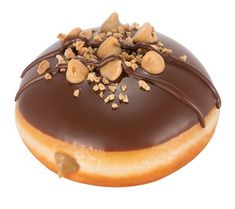 a chocolate covered donut with nuts on top