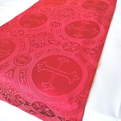 Red Altar table runner, lined Red Altar cloth Red Christian table and altar linens Christian runners, 12"  wide Perfect for Christian weddings, Easter, Christmas altars or for any dinner table!   12" wide table runner made from 100% polyester brocade fabric. Ends are squared. Lined with coordinating color solid fabric.  Dry clean only to preserve.  Please message us if you are interested in different lengths, widths or colors not listed. We also can add fringe if you'd like- message us for price Christmas Altar, Christian Altar, Christian Weddings, Aisle Runners, Ring Pillows, Altar Table, Religious Wedding, Altar Cloth, Aisle Runner