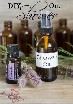 DIY-Essential Oil-Shower-Oil-doTerra -body oil - www.designeddecor.com After Shower Body Oil, Massage Oils Recipe, Doterra Lavender, Body Shower