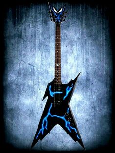 an electric guitar with blue lightning painted on it's body and neck, against a dark background