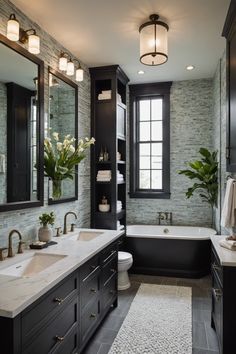 a large bathroom with two sinks and a tub