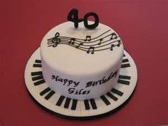 a birthday cake decorated with musical notes and the number forty on it's side