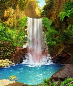 a painting of a waterfall in the middle of a jungle with blue water and rocks