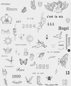 the back side of a sheet of paper with tattoos on it and numbers in different languages