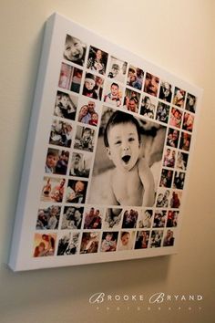 an image of a baby's face on a wall with many pictures in it