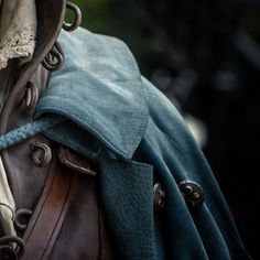 a close up view of the back of a horse's head wearing a blue and white blanket