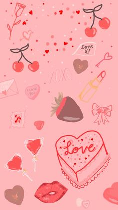 valentine's day wallpaper with hearts, kisses and other things on the pink background