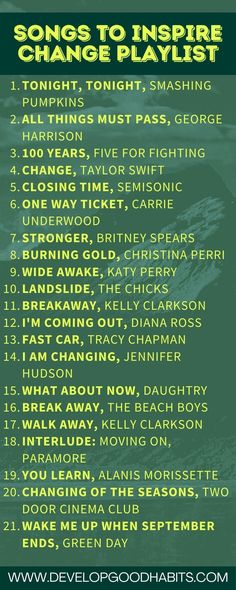 a poster with the words, songs to inspire change playlist written in green and yellow