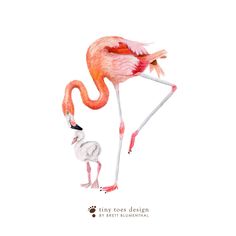 a watercolor painting of a pink flamingo and its baby standing next to each other