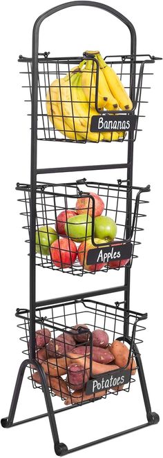 three tiered metal basket with apples and bananas