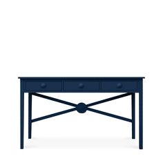 a blue table with two drawers on top and one drawer at the bottom, against a white background