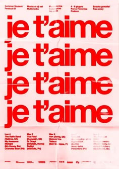 a poster with the words je t'aime written in red on white paper