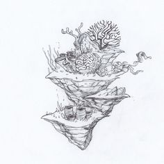 a pencil drawing of an ocean scene with rocks and corals on the bottom of it