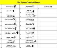 a table with different types of phrases and symbols for each subject in the text box