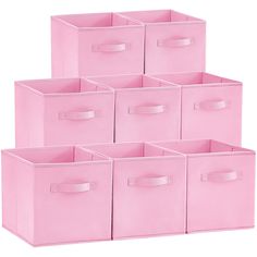 six pink storage bins stacked on top of each other