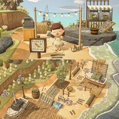 Animal Crossing Beach Builds, Acnh Fishing Pier, Cottagecore Builds Acnh, Acnh Beach Area Ideas, Acnh Farmcore Beach, Beach Builds Acnh, Acnh Milk Truck, Acnh Beach Ideas Natural, Beach Area Acnh